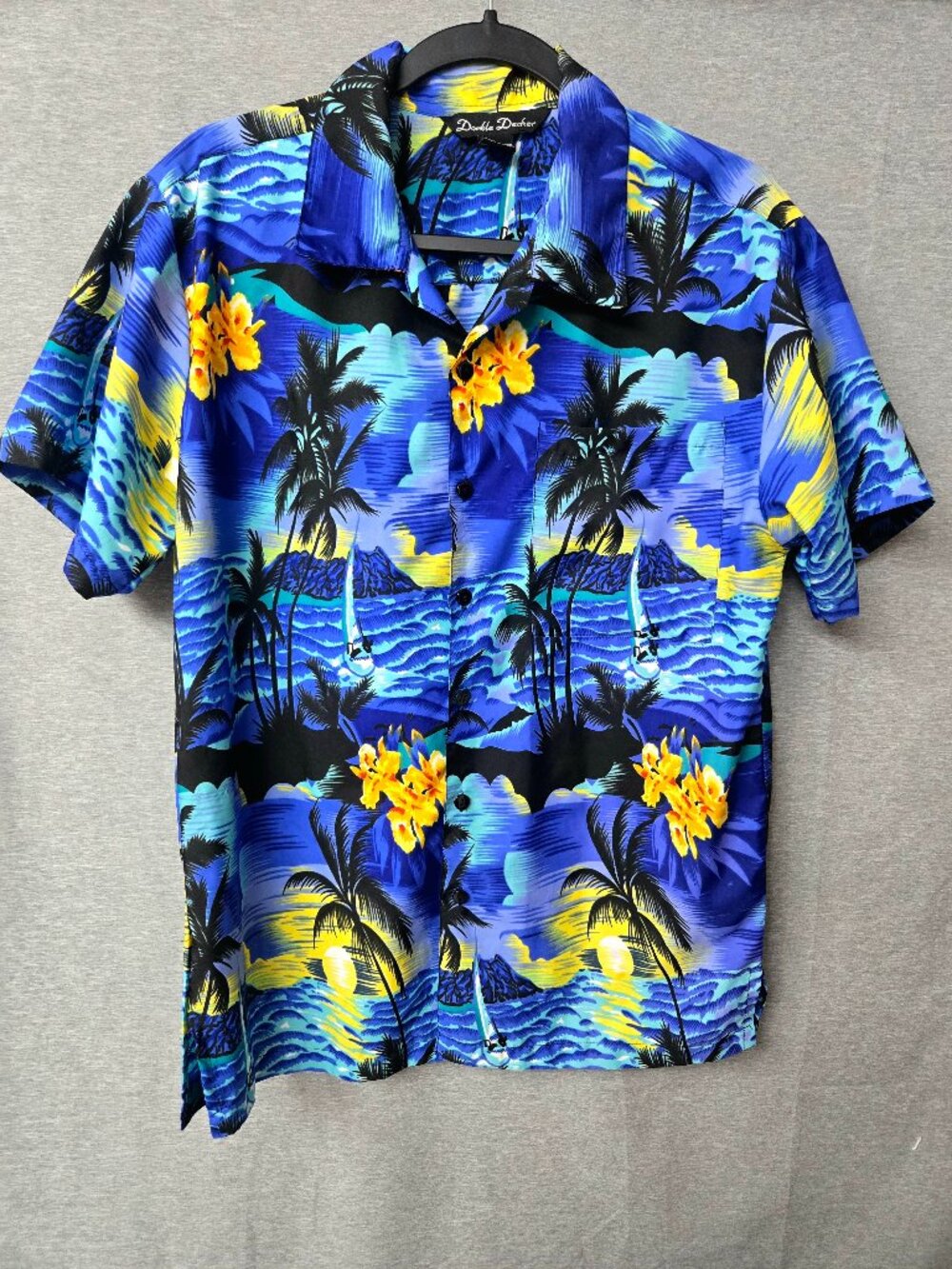 Double Decker Hawaiian Button Down Mens L Sunset Blue Vaporwave Resort Tikivibe